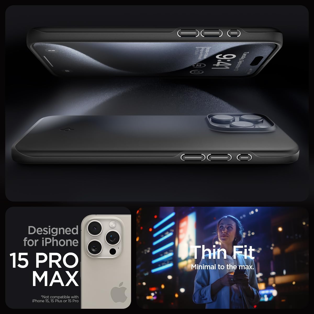 Spigen Funda delgada diseñada para iPhone 15 Pro Max (2023), protección de grado militar, color negro