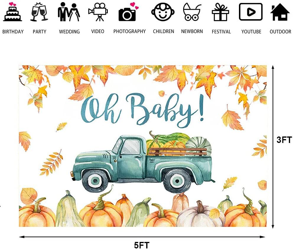 Lofaris Telón de fondo de fotografía Oh Baby de 5 x 3 pies para baby shower, hojas de arce, camión de cosecha, telón de fondo para otoño, Halloween,