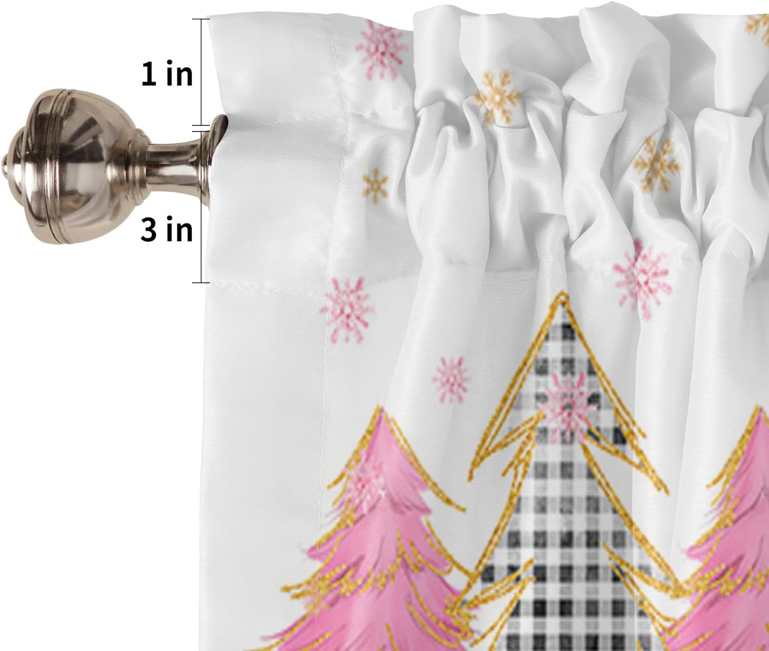 Maliyand Cenefa de cortina, árbol de Navidad de madera a cuadros negros rosa dorado copos de nieve de invierno cenefa con bolsillo para cortinero