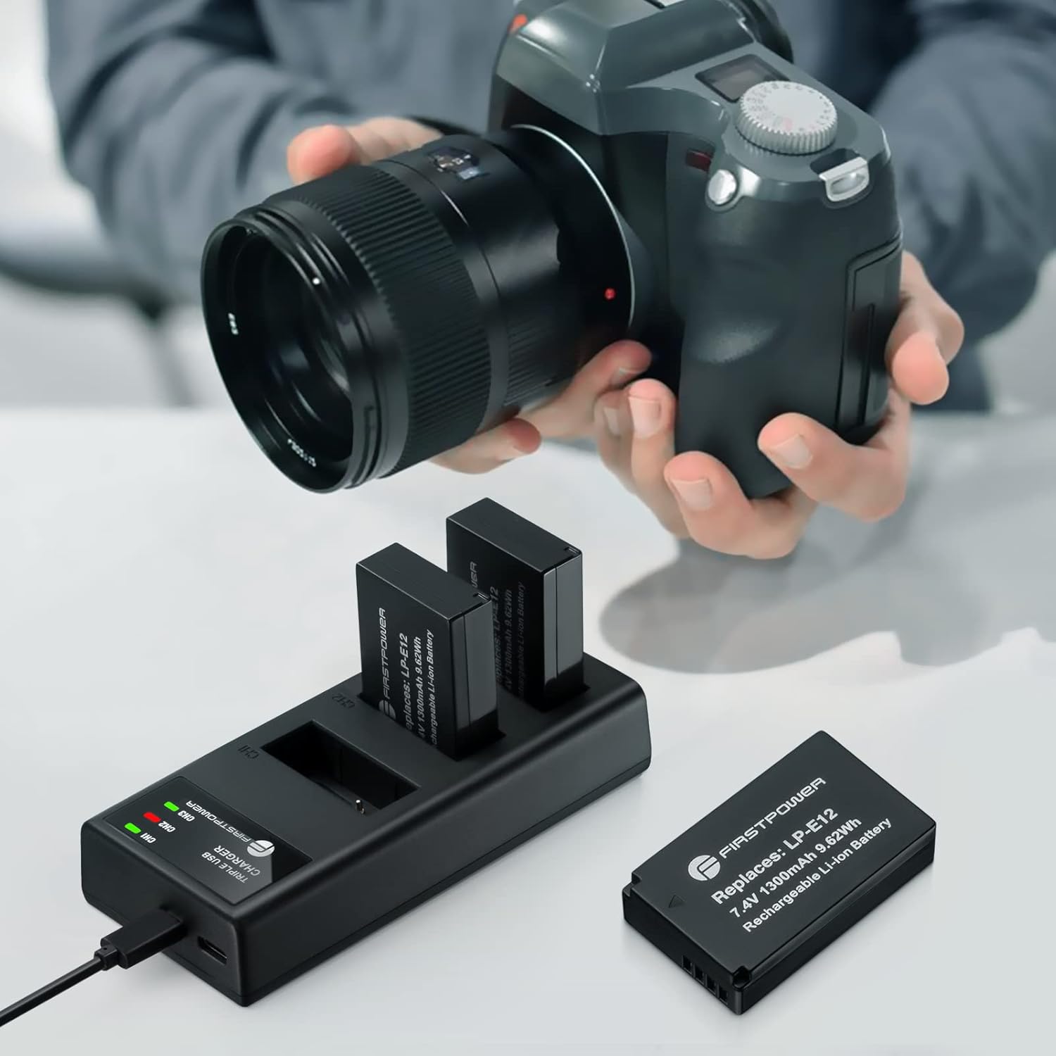 FirstPower LP-E12 – Paquete de 3 baterías y cargador de triple ranura para cámaras digitales Canon EOS M50, M50 Mark II, M, M2, M10, M100, M200,