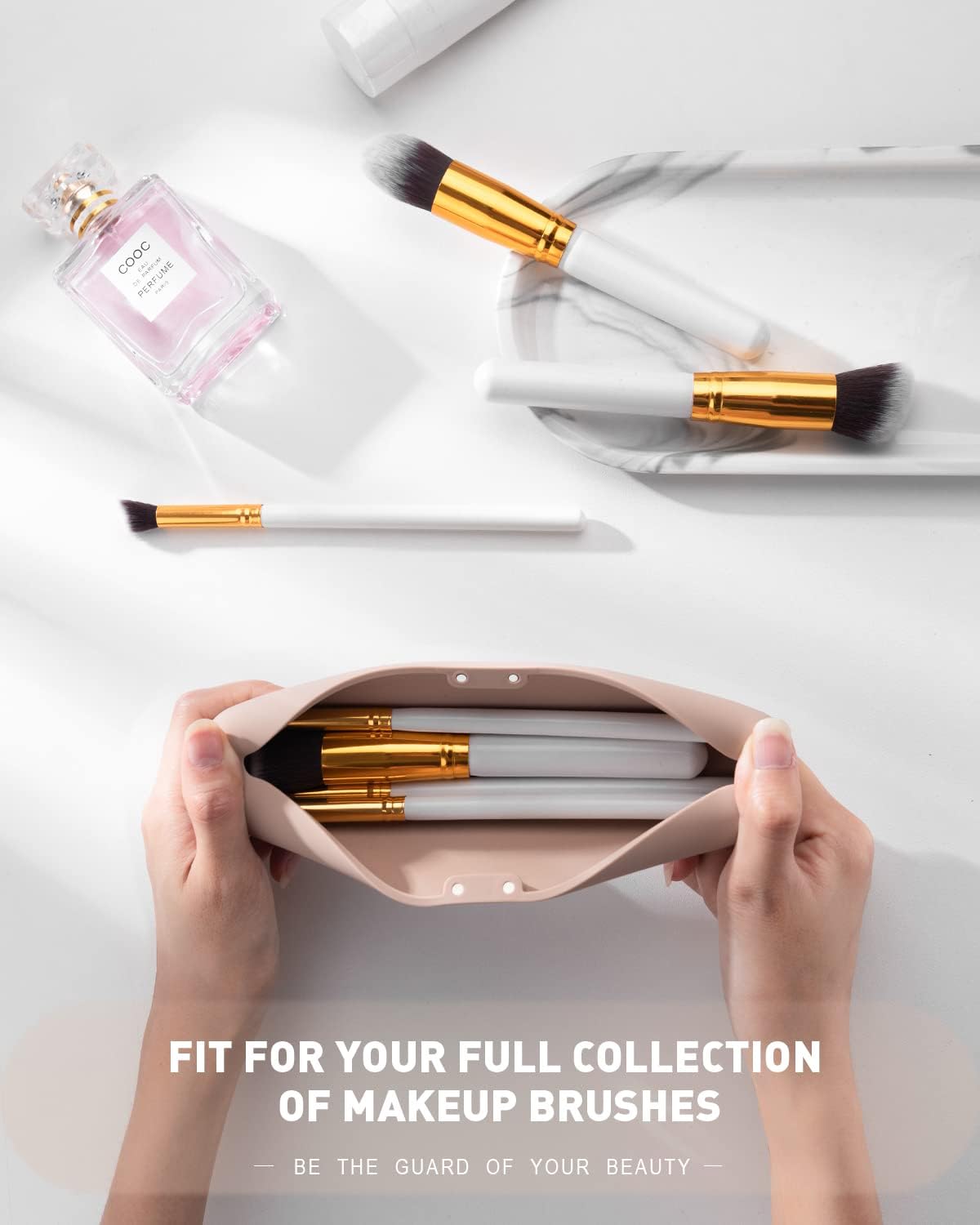 Soporte grande para brochas de maquillaje con bloqueo magnético, organizador de brochas de maquillaje de silicona mejorado con diseño anticaídas,
