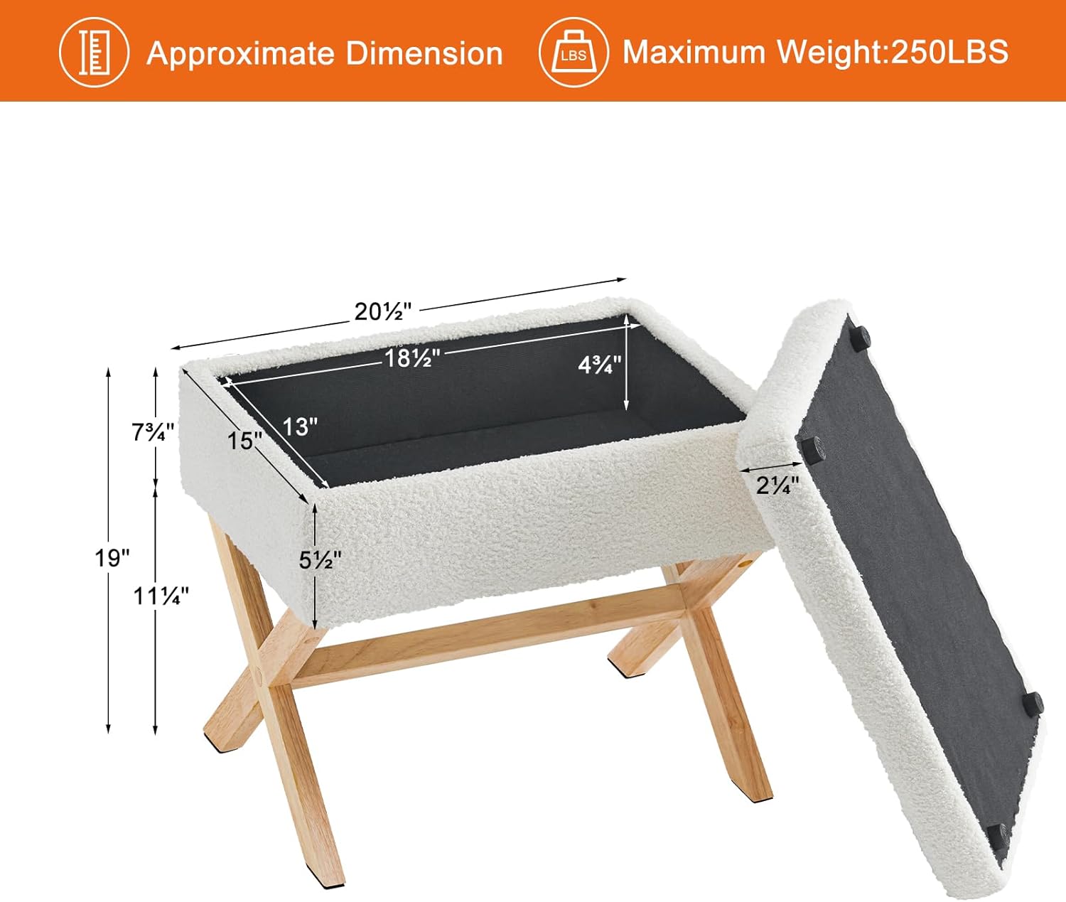 Furniliving Taburete de piel sintética, 15 pulgadas de largo x 20.5 pulgadas de ancho x 19 pulgadas de alto, otomana cuadrada con almacenamiento,