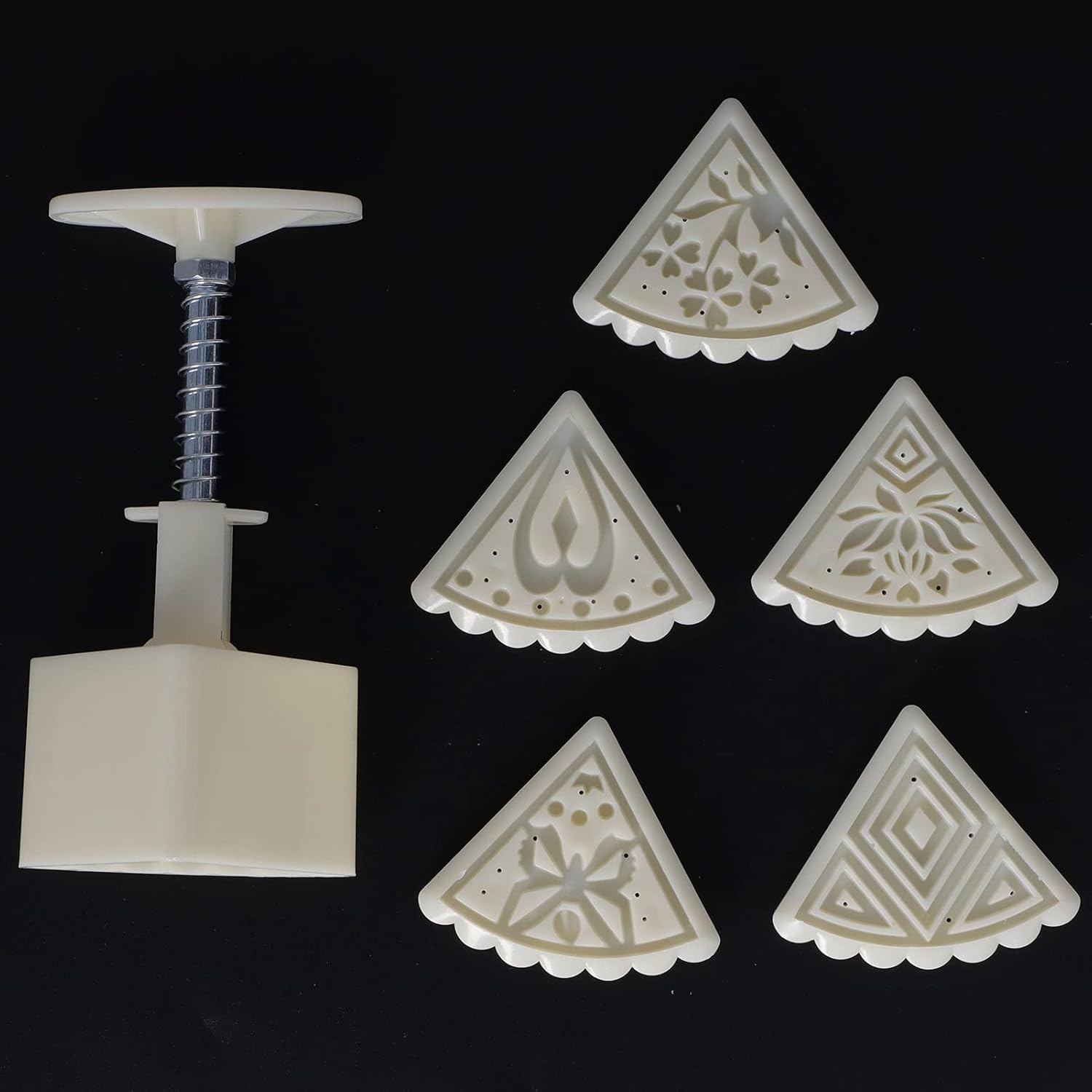 1 juego de moldes triangulares para tartas de luna, fondant a presión de mano, postre y luna con sellos, herramienta de prensa de pastel de luna