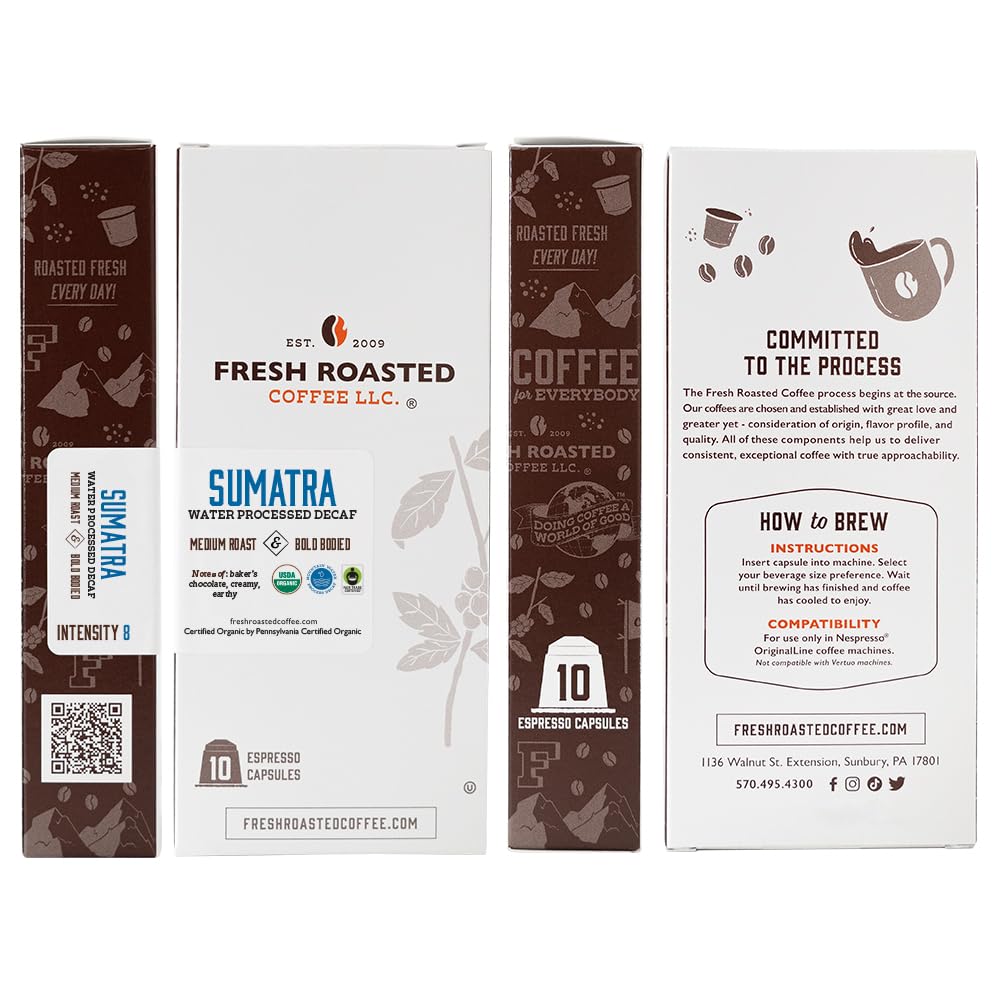 Fresh Roasted Coffee para Nespresso OriginalLine, Sumatra orgánico WP descafeinado  Origen único  Medio  10 cápsulas de aluminio