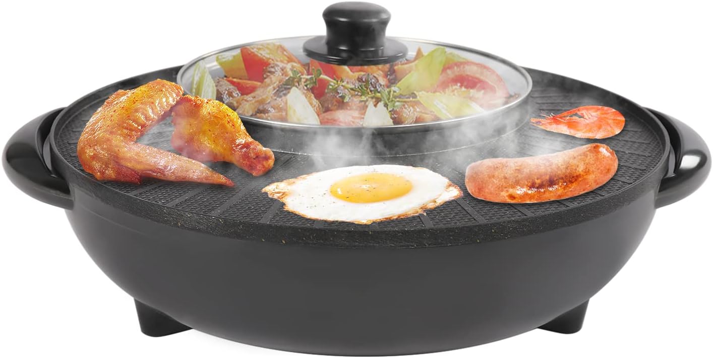 Olla caliente con parrilla 2 en 1, parrilla portátil multifuncional sin humo, combo de parrilla eléctrica para interiores, capacidad para 3-5