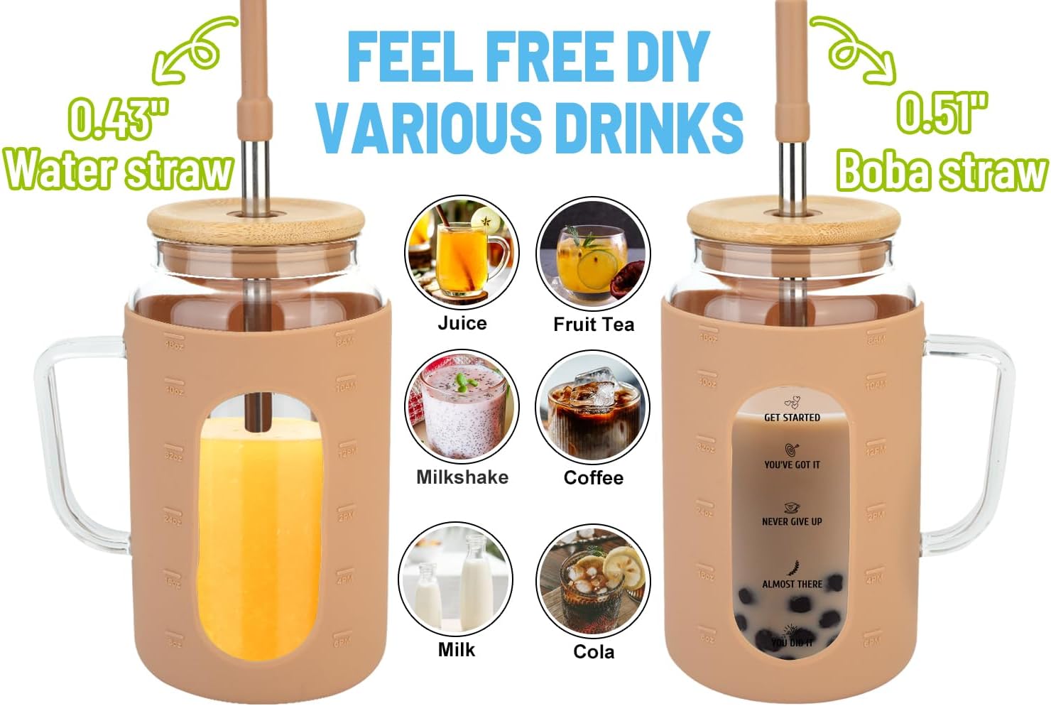 Zenbo Vaso de vidrio de 50 onzas con asa, tapa y pajilla, vaso de agua motivacional con marcador de tiempo