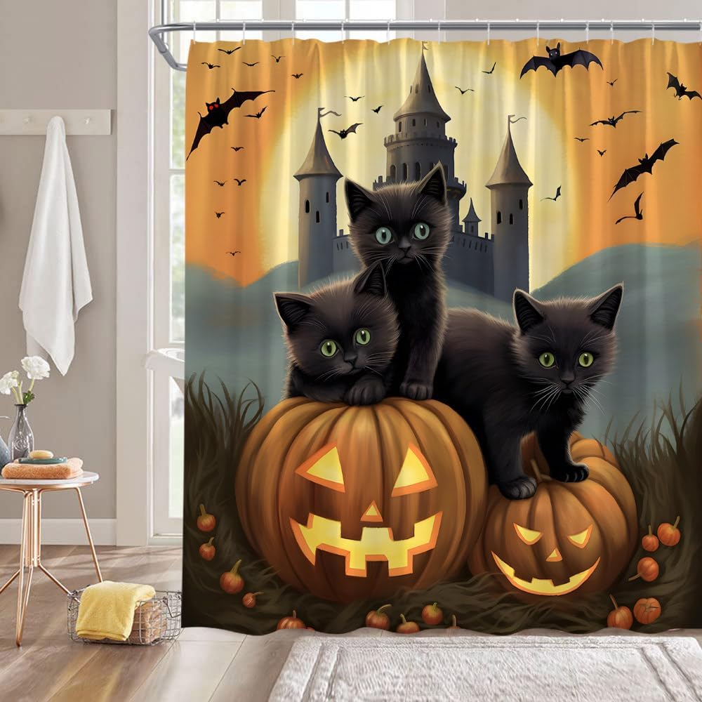 Cortina de ducha espeluznante de Halloween, gato negro, naranja, calabaza, farol, murciélago, luna llena, castillo gótico, vintage, Halloween,