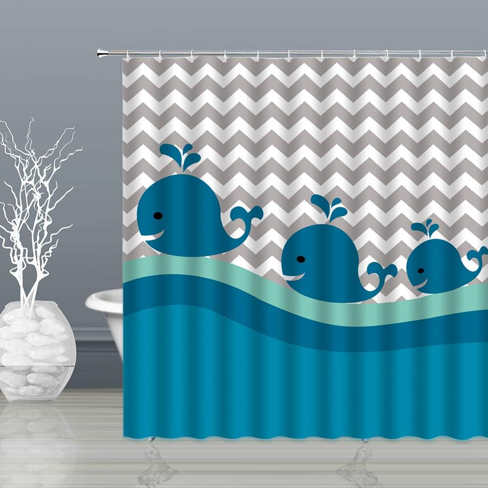 Cortina de ducha de ballena de dibujos animados para niños, ballena océano, peces mar, onda de animales azul gris, cortinas de baño decoración de