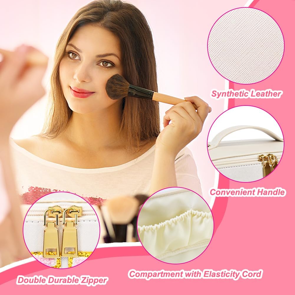 besharppin Bolsa de cosméticos de viaje de gran capacidad, bolsa de maquillaje plana abierta de cuero sintético para mujer, bolsa de aseo con letras