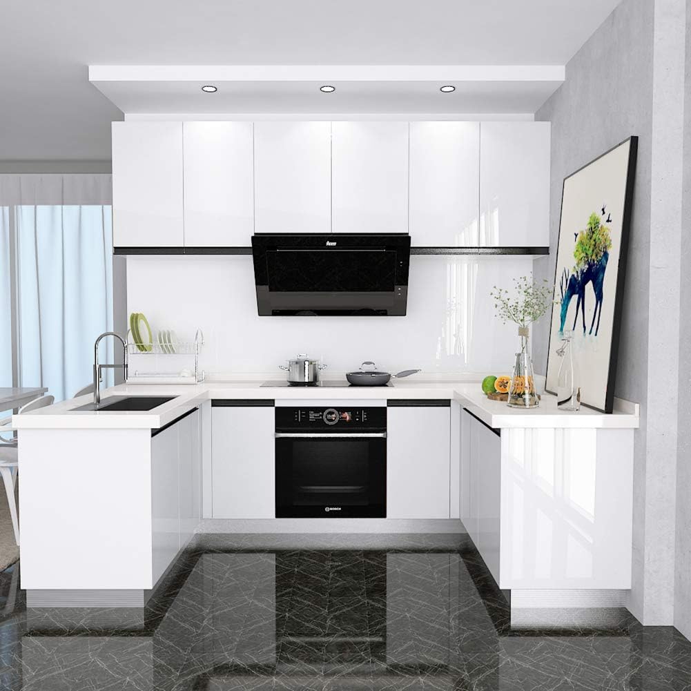 LaCheery Papel tapiz blanco brillante de 15.8 x 394 pulgadas, para pegar y despegar, papel de contacto para gabinete de cocina, papel de vinilo