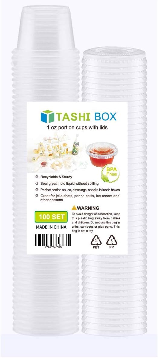 TashiBox 100 juegos de vasos desechables de plástico con tapas, porción de soufflé, aderezo para ensalada de salsa, tazas de condimentos, paquete de