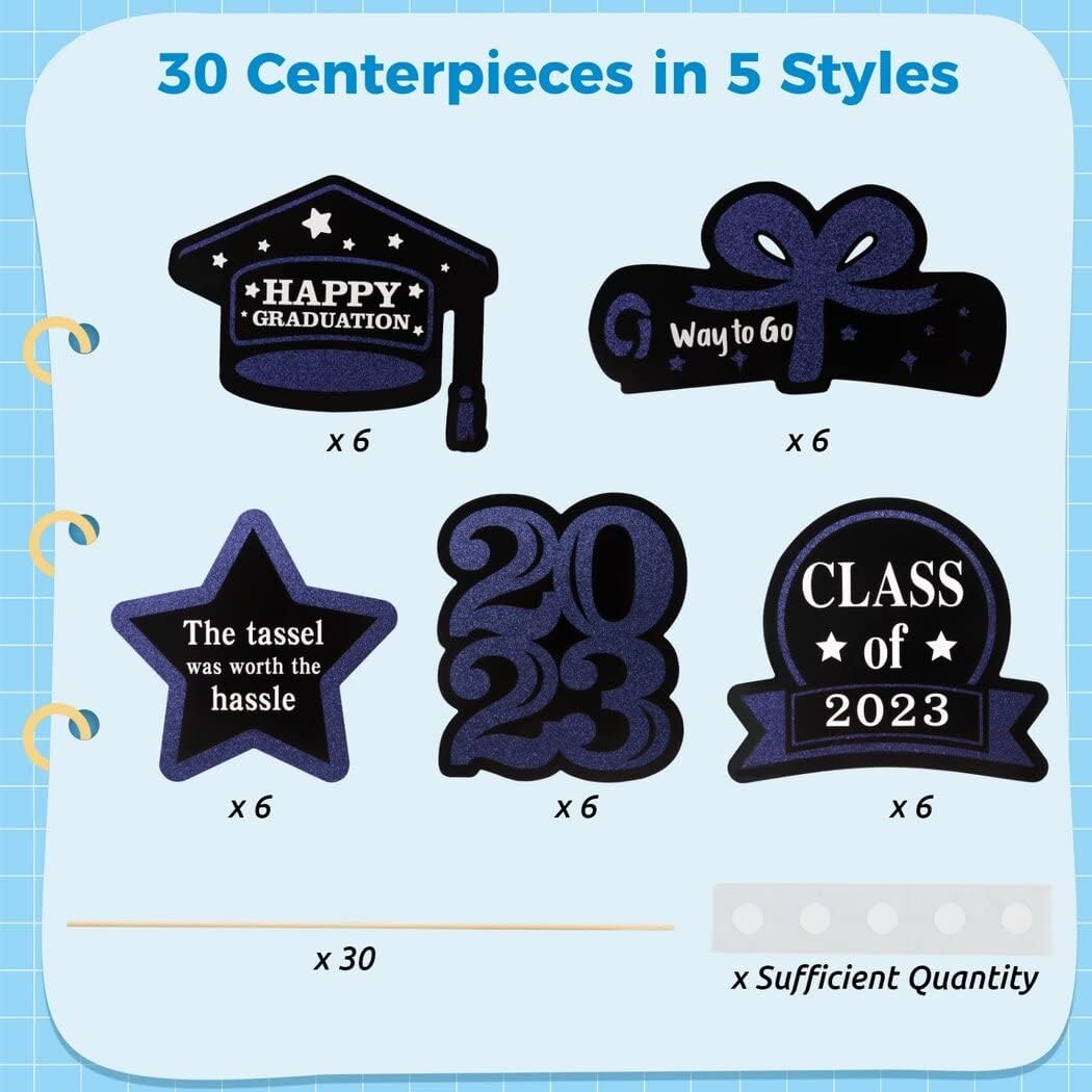 30 centros de mesa de fiesta de graduación, palitos de centro de mesa de graduación con purpurina 2023, adornos para pasteles de clase 2023,