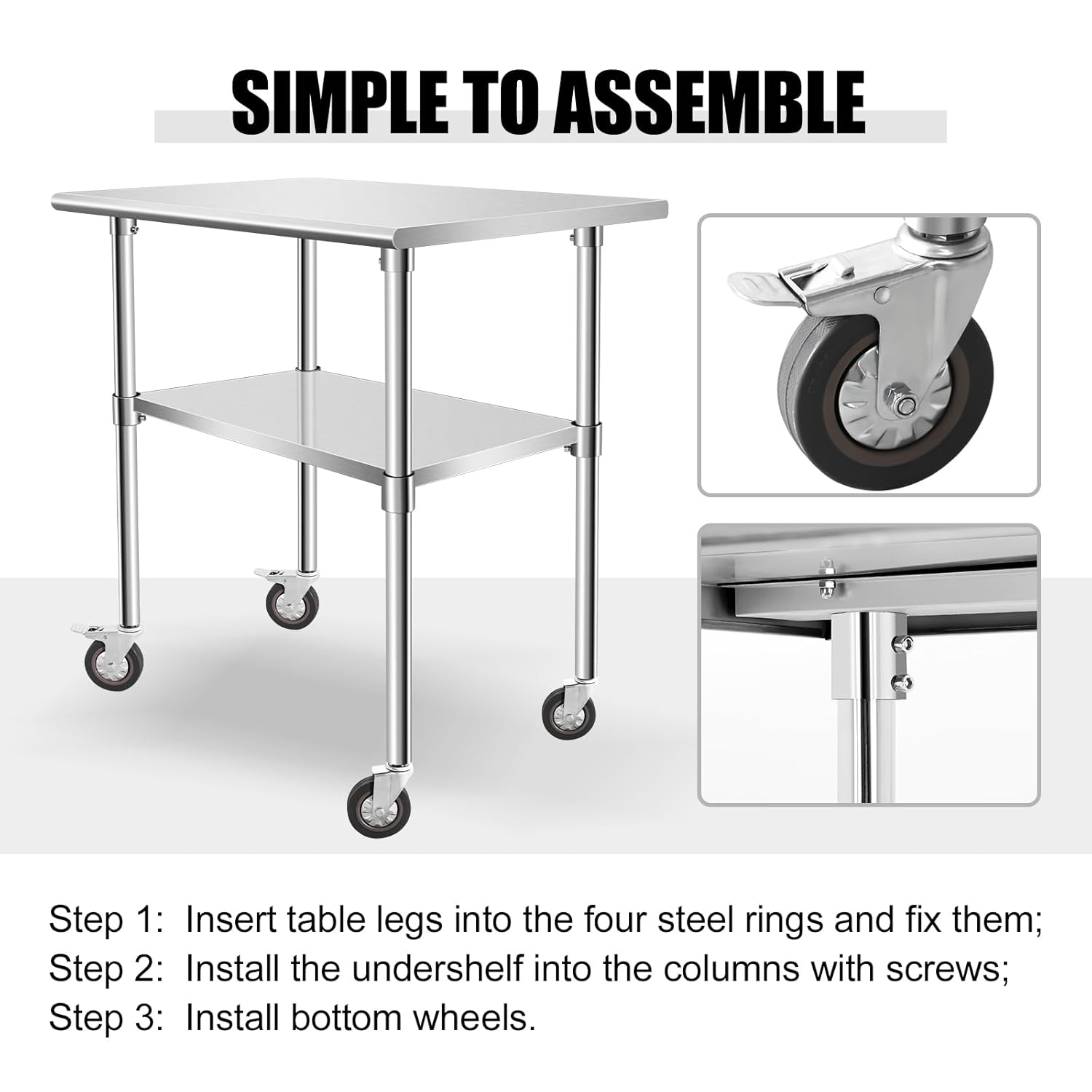 OUKIDR Mesa de trabajo de 36 x 24 pulgadas, mesa de acero inoxidable resistente para preparación con 4 ruedas para cocina comercial, restaurante,