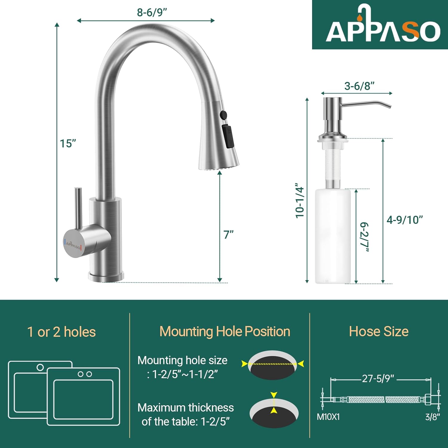 APPASO Grifo de cocina con dispensador de jabón, grifo de cocina de níquel cepillado con rociador desplegable (3 modos), acero inoxidable 304 de