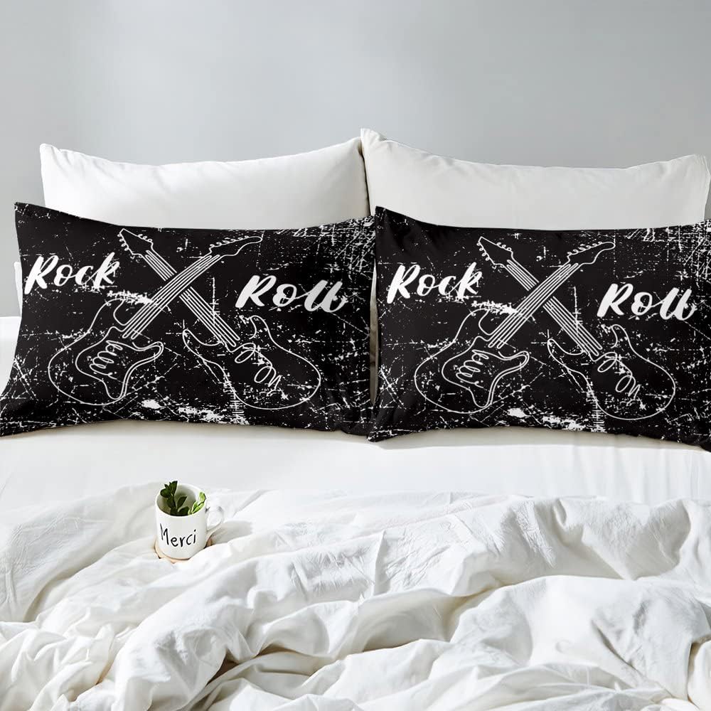 Castle Fairy Juego de edredón de música Rock Roll, tamaño matrimonial, edredón de ropa de cama con instrumentos de guitarra para niñas y