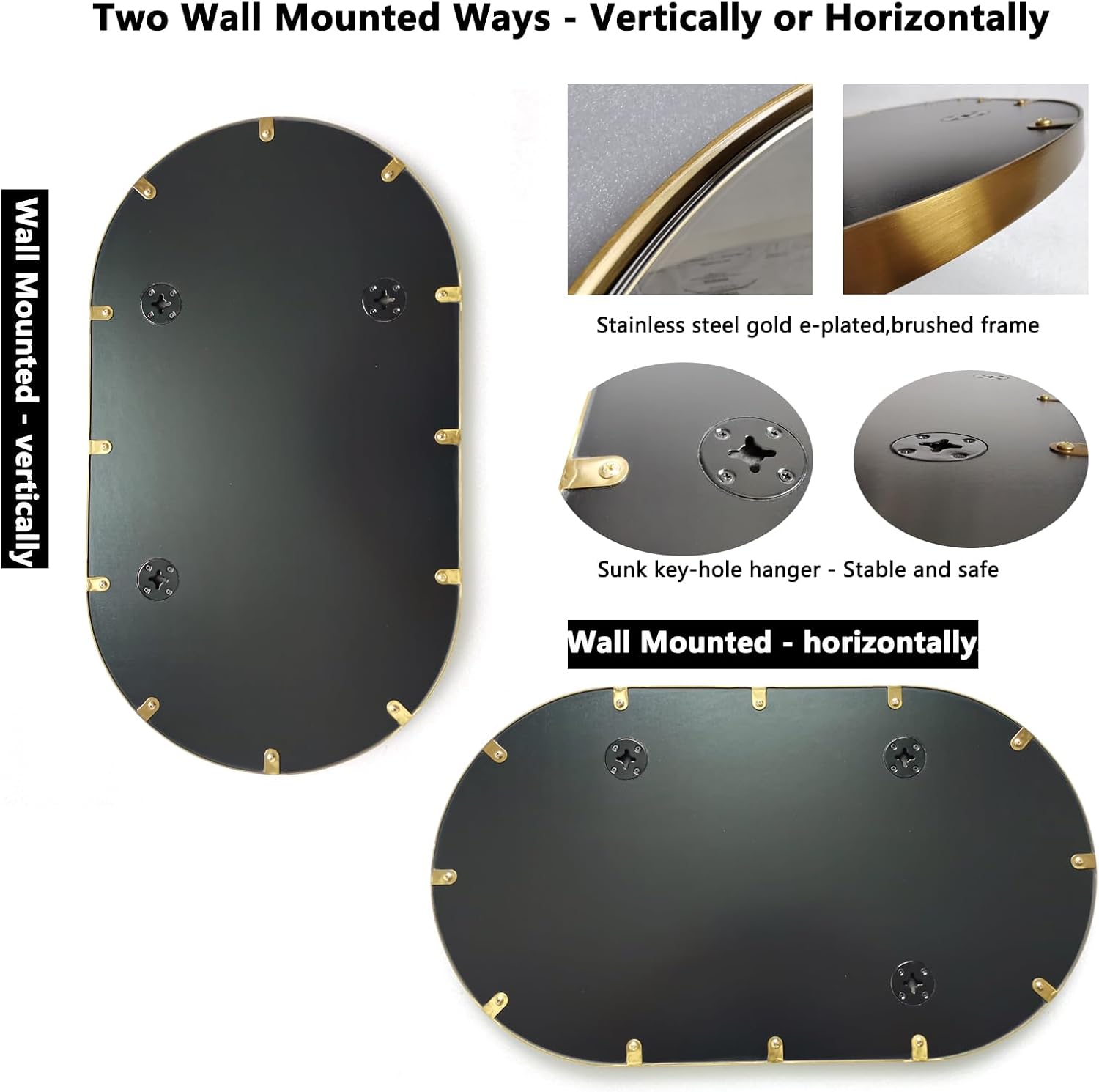 TUSIWIT Espejo de pared ovalado dorado con forma de píldora, espejo de baño con marco de acero inoxidable, espejo de pared decorativo montado