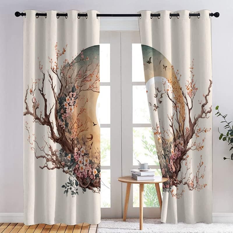 TAKUAN Sakura – Cortinas opacas de estilo japonés para dormitorio, sala de estar, juego de 2 paneles de 63 pulgadas de largo, cortinas con ojales
