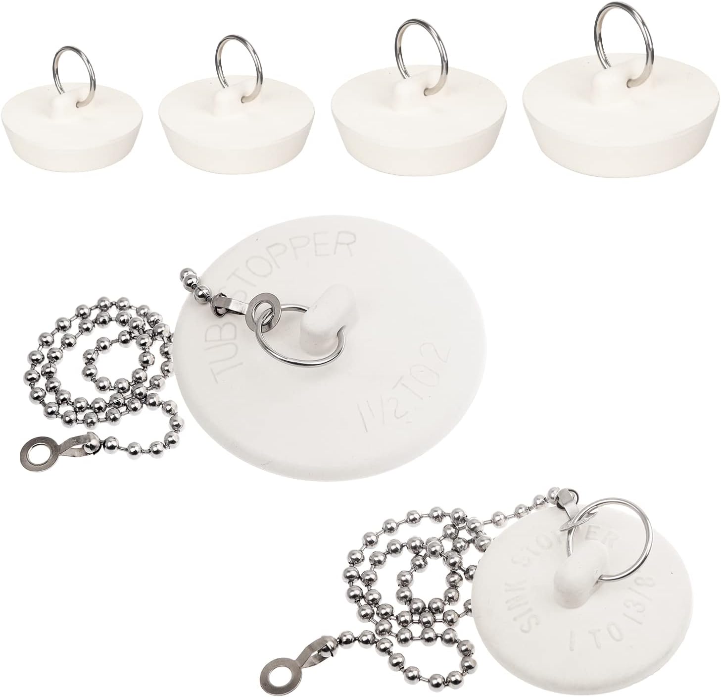 Paquete de 6 tapones de bañera, tapones de goma para tina, 2 cadenas de cuentas de acero inoxidable de 15 pulgadas, 6 tamaños diferentes de enchufe