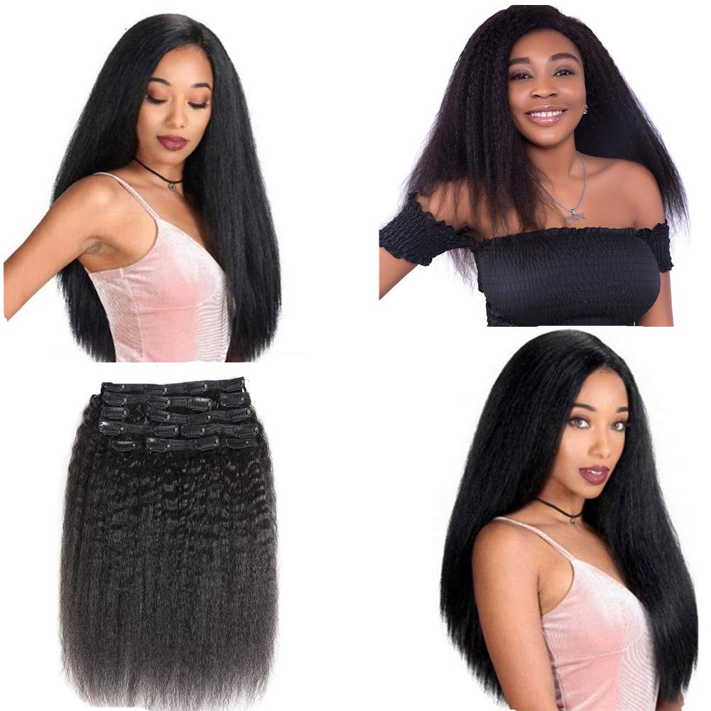 YAMI Extensiones de cabello humano rizado liso con clip, para mujeres negras, 10 unidades, extensiones de cabello humano virgen brasileño con clip,