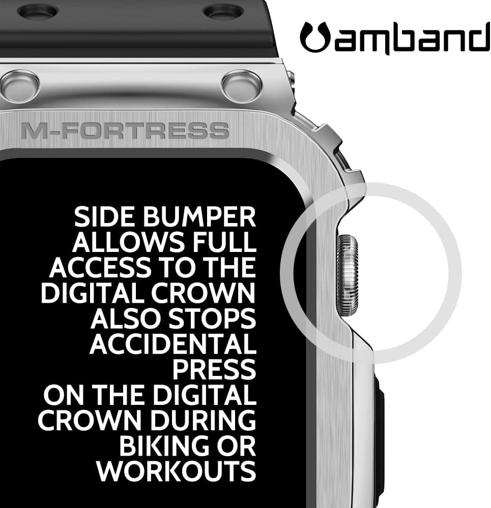 amBand – Funda resistente de acero inoxidable contra golpes compatible con Apple Watch Series 76SE54 de 1.57 pulgadas, 1.65 pulgadas, Moving