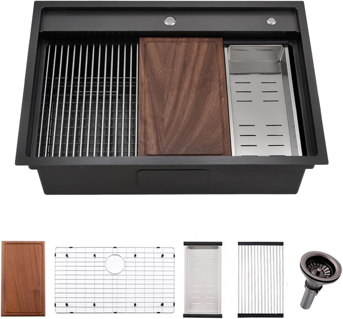 Fregadero de cocina de 28 pulgadas, con protección contra salpicaduras, color negro, fregadero de montaje superior, calibre 16, fregadero grande de
