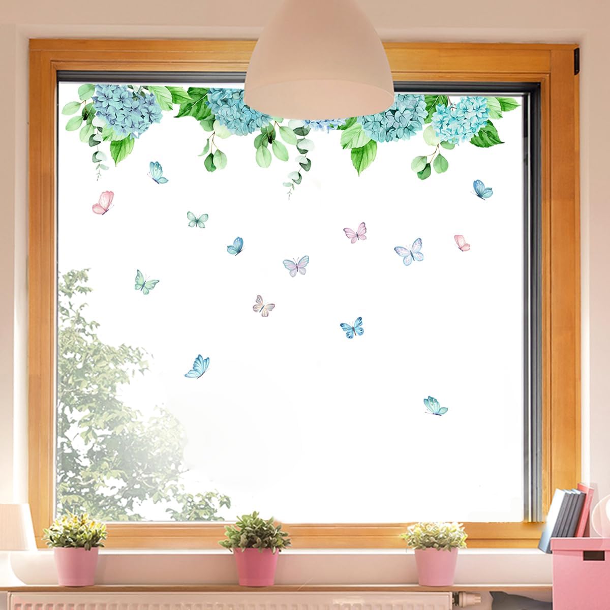 duahappy Adhesivo de pared de hortensias para ventana, PVC de doble cara con hojas de eucalipto y mariposas florales, anticolisión, calcomanías