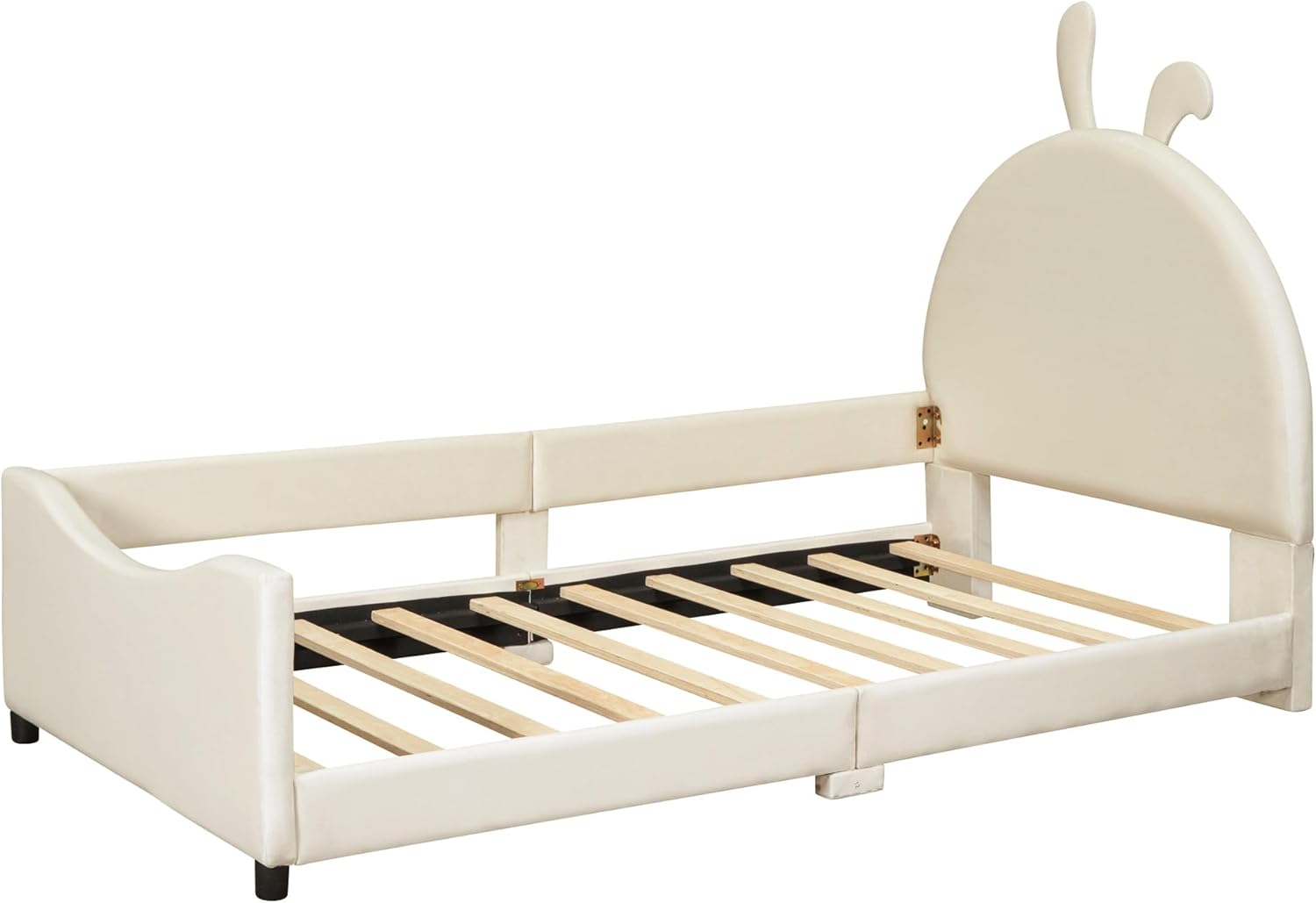 Cama tapizada de tamaño individual con cabecera en forma de conejo, marco de cama de plataforma baja con rieles, sofá cama de terciopelo con soporte