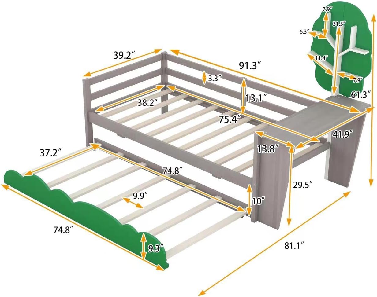 Anwick Base de cama individual con escritorio y nido, sofá cama de madera con escritorio y estantes en forma de árbol verde, cama de plataforma de
