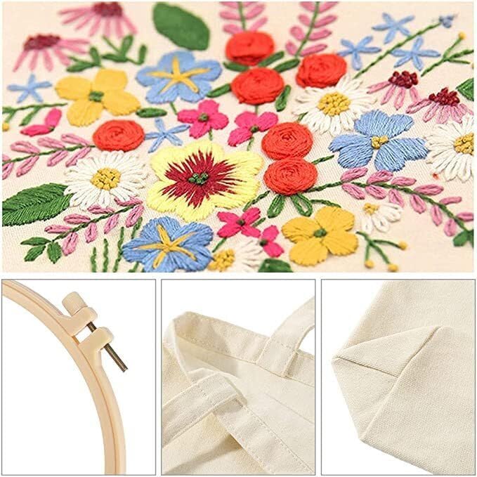 Kits de bolsas bordadas estampadas con patrón de flores coloridas, aros, hilos, costura, arte, reutilizable, almacenamiento, bolsa de lona, kits de