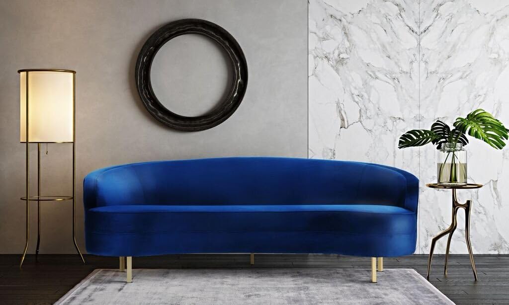 TOV Furniture The Baila Collection – Sofá curvo con tapicería de terciopelo de estilo moderno con patas de acero inoxidable, color azul marino