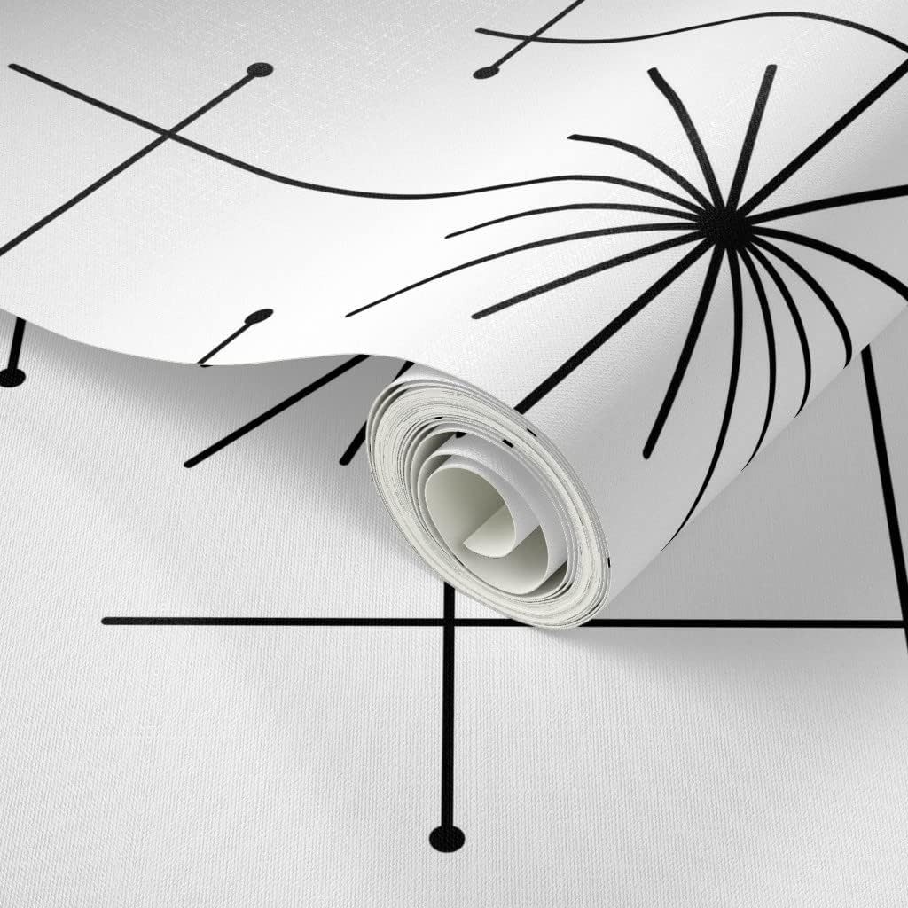 Spoonflower Papel tapiz para despegar y pegar, diseño geométrico de mediados de siglo, moderno, negro, blanco, monocromático, minimalista,