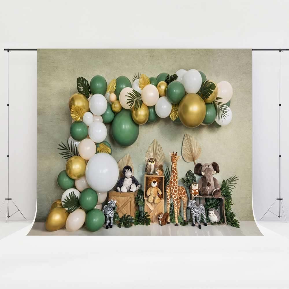Kate Telón de fondo de globos verdes de 6.5 x 6.5 pies, juguete de animales impreso digital, fondo de tela para estudio fotográfico