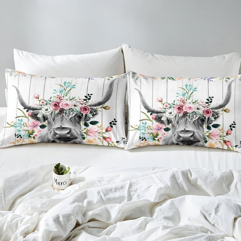 Juego de edredón de flores de vaca de las tierras altas, juego de ropa de cama de ganado toro, decoración occidental, divertido edredón de animales