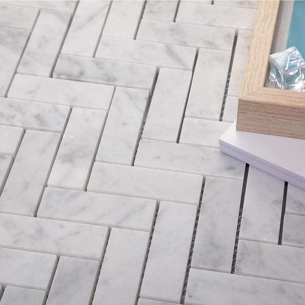 Azulejo de mosaico de espiga de mármol blanco italiano de Carrara de 1 x 3 pulido para salpicaduras de cocina, baño, pared y piso, 5 hojascaja