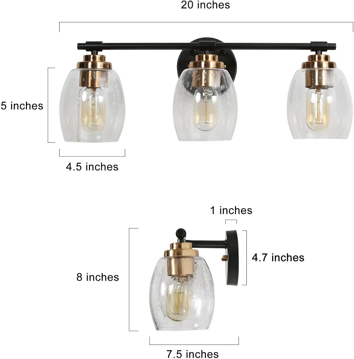 classy leaves Lámparas de tocador de baño, 3 luces de tocador de color negro dorado con vidrio sembrado, moderno aplique de pared de baño de granja