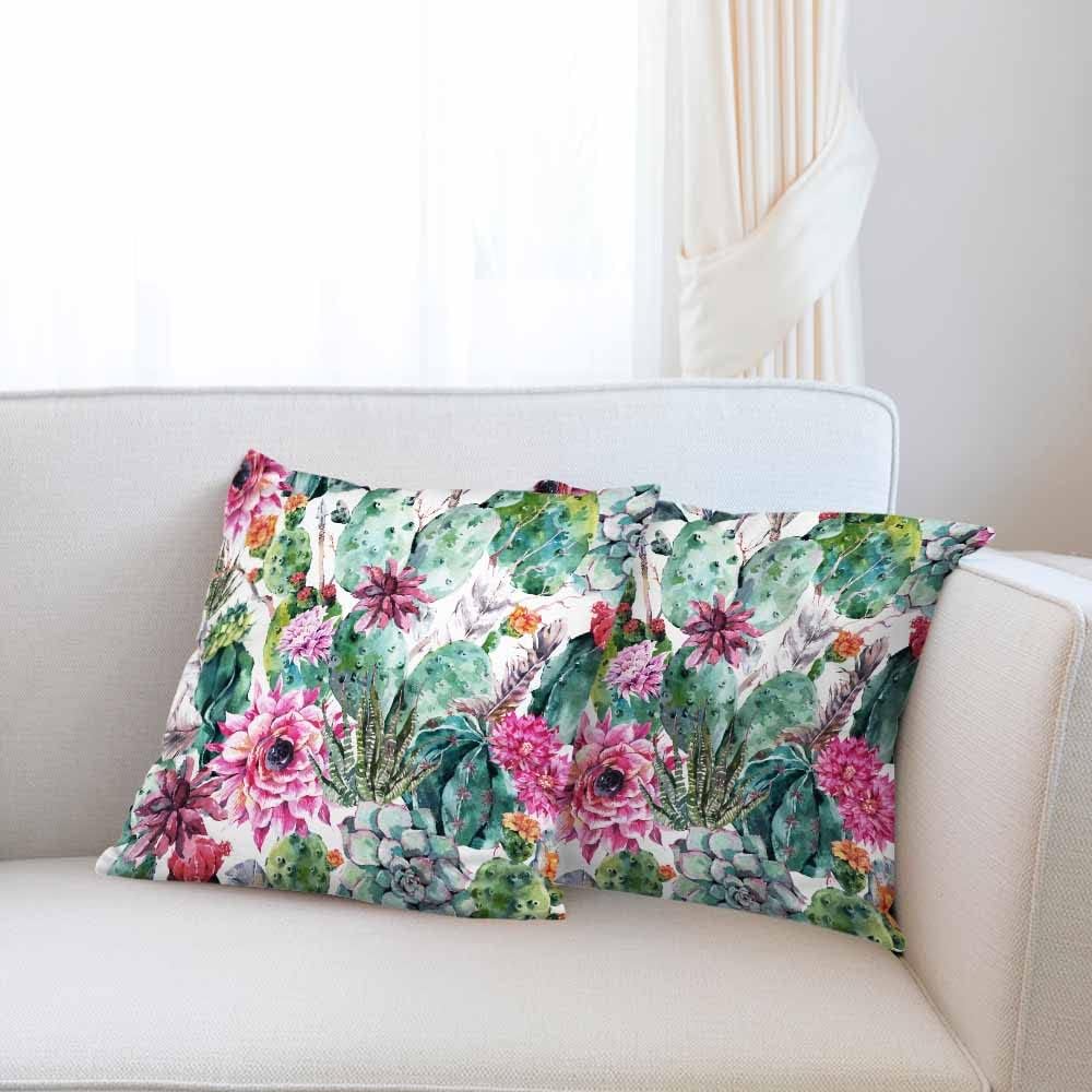 Beabes Fundas de almohada bohemias en acuarela, cactus, flores, ramitas, plumas, flechas, hojas verdes, fundas de almohada decorativas, 2 juegos
