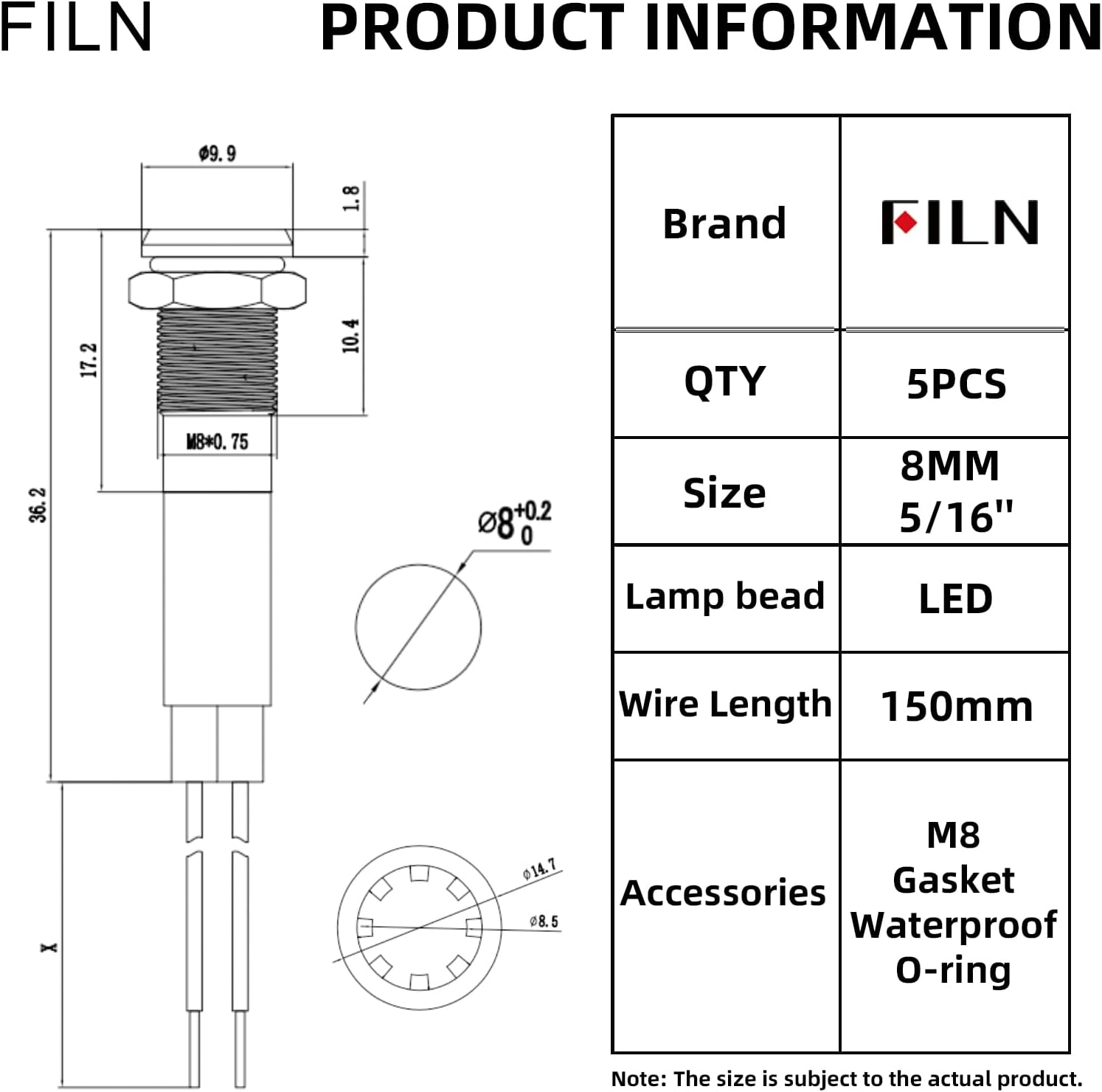 FILN 5 luces indicadoras LED de 0.315 in (516 pulgadas) 110 V 220 V metal piloto luces aluminio negro anodizado impermeable ip67 luz de señal roja