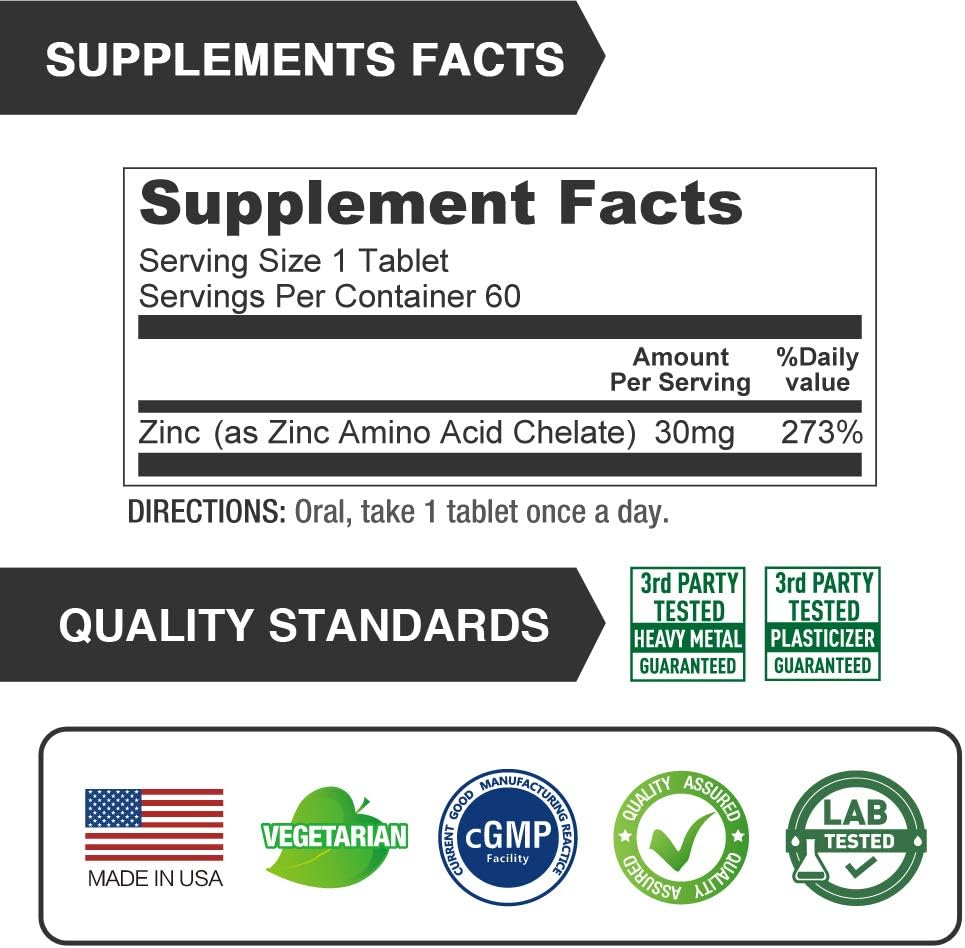 Zinc 30mg  Suplementos de zinc quelado bien absorbido para hombres y mujeres  Vegano, sin OMG, para apoyo inmunológico y piel sana  Sin gluten  60
