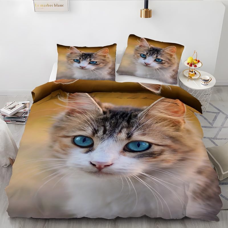 Light Brown Cat California King Duvet Cover Animal Print Bedding Soft Microfiber Comforter Cover and 2 Pillow Shams 20″X36″, Bed Set Duvet Covers