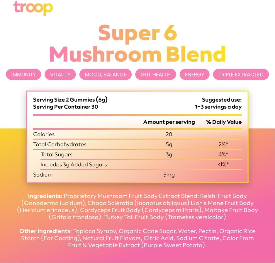 Troop Daily Super 6 – Mezcla de hongos para inmunidad, vitalidad, estado de ánimo, equilibrio, salud intestinal, energía, suplemento restaurador con