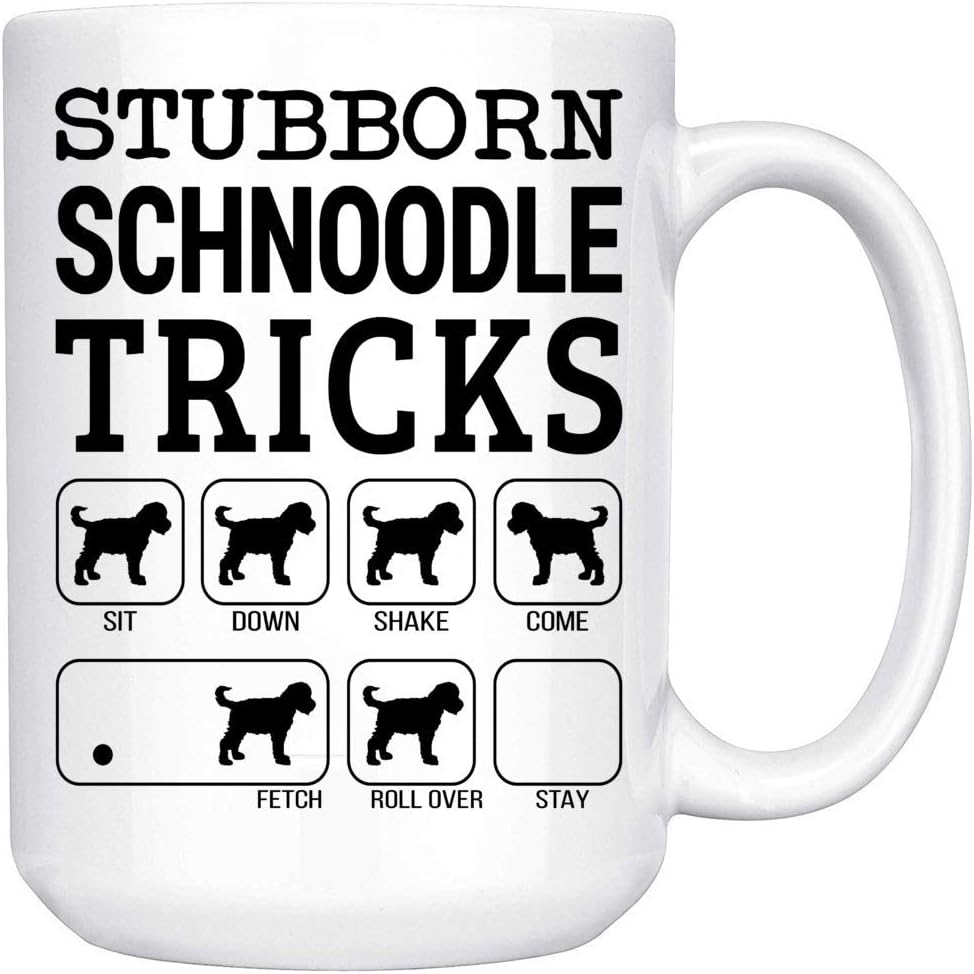 Regalos divertidos para hombres, mujeres, amantes de los cachorros, Stubborn Schnoodle Tricks, taza de café blanca de 15 onzas