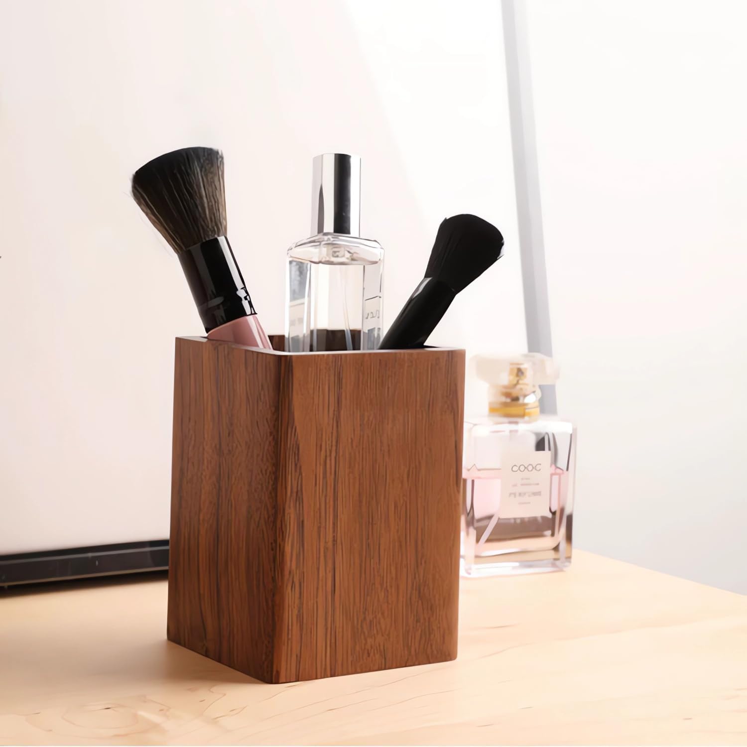 LEILISI Portalápices, soporte de madera de nogal para escritorio, almacenamiento de maquillaje, escuela, hogar, oficina, accesorios de mesa y