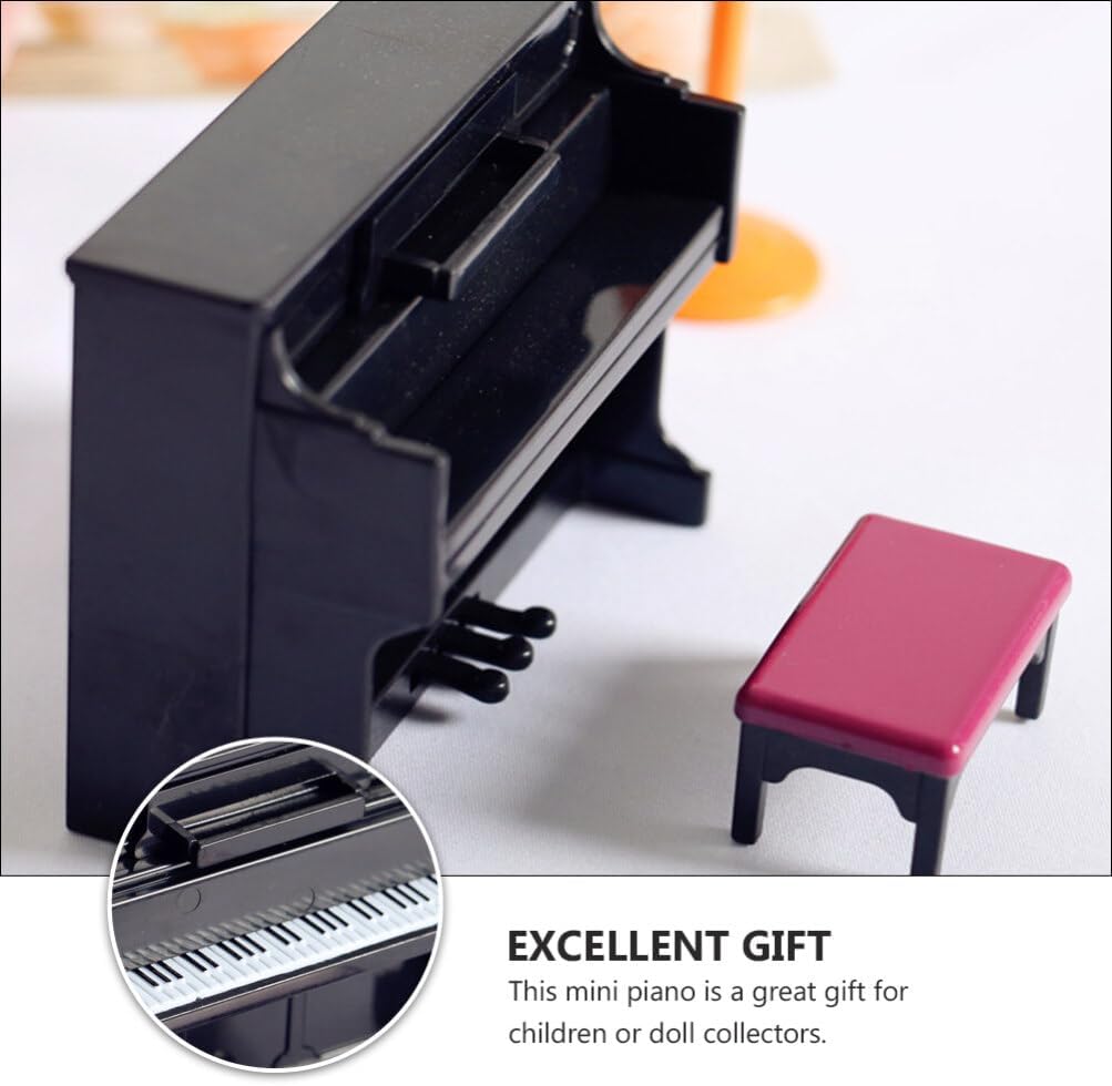 Piano de casa de muñecas, mini juguete de piano vertical, de simulación en miniatura, piano vertical de plástico con taburete y partitura musical,