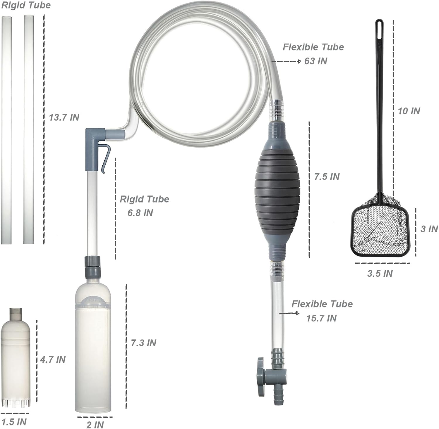 Kit de aspirador de sifón para acuario con tubos de vacío duales para varios tamaños de tanque y una red de pescado, aspiradora de grava de acuario