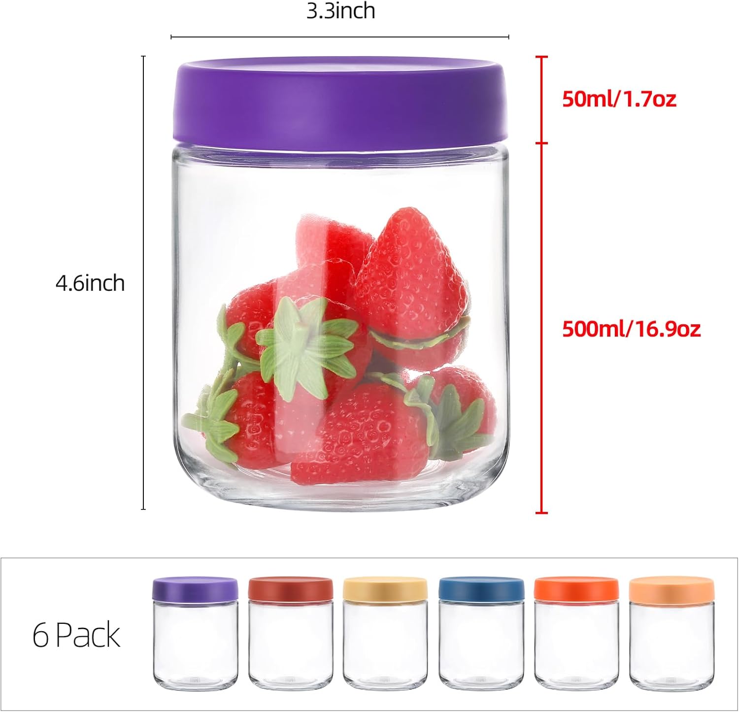 Tecbeauty 6 tarros de vidrio para avena durante la noche, tarros redondos herméticos resistentes a las fugas con tapa para almacenamiento al aire