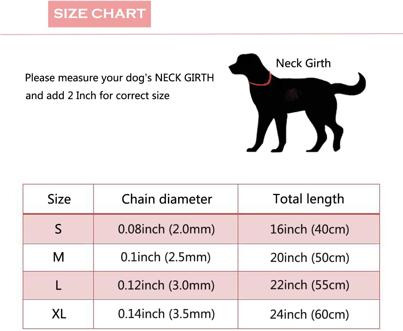 Collar de acero inoxidable con cadena en P para entrenamiento de perros (0.079 in x 16 pulgadas)