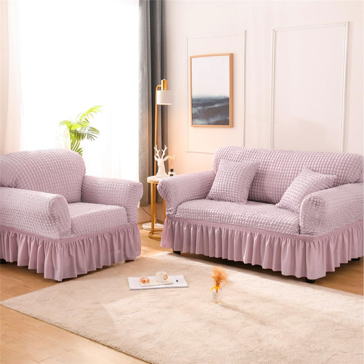 Funda elástica para sofá, lavable, protector de muebles con parte inferior elástica y falda para niños y mascotas (malva, pequeña)