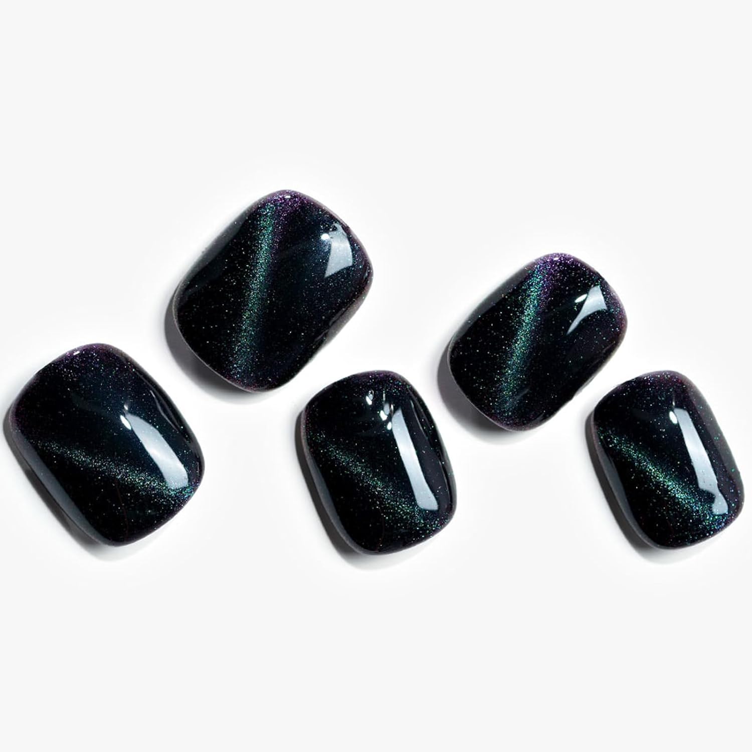 GLAMERMAID – Uñas de gel a presión con diseño de ojos de gato, cuadradas, hechas a mano, con purpurina negra y verde, uñas postizas cortas ovaladas