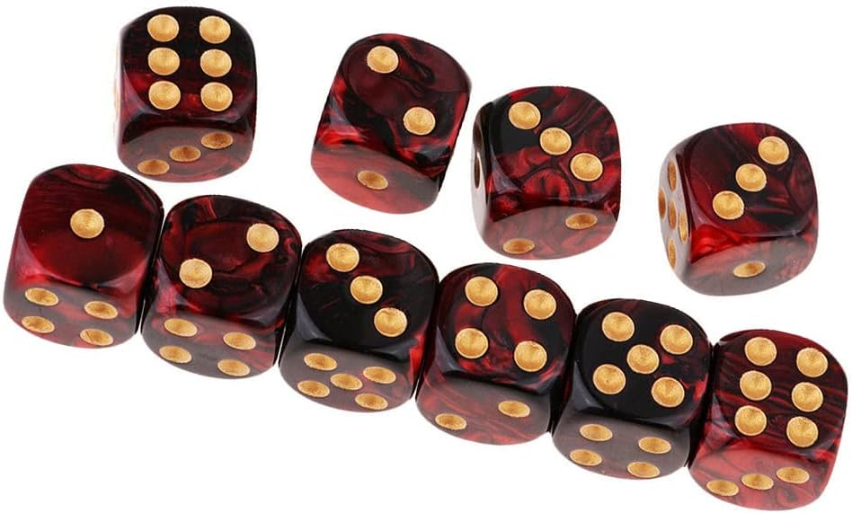 10 dados poliédricos D6 de 0.632 pulgadas de acrílico para juegos de mesa RPG MTG DND (rojo negro)