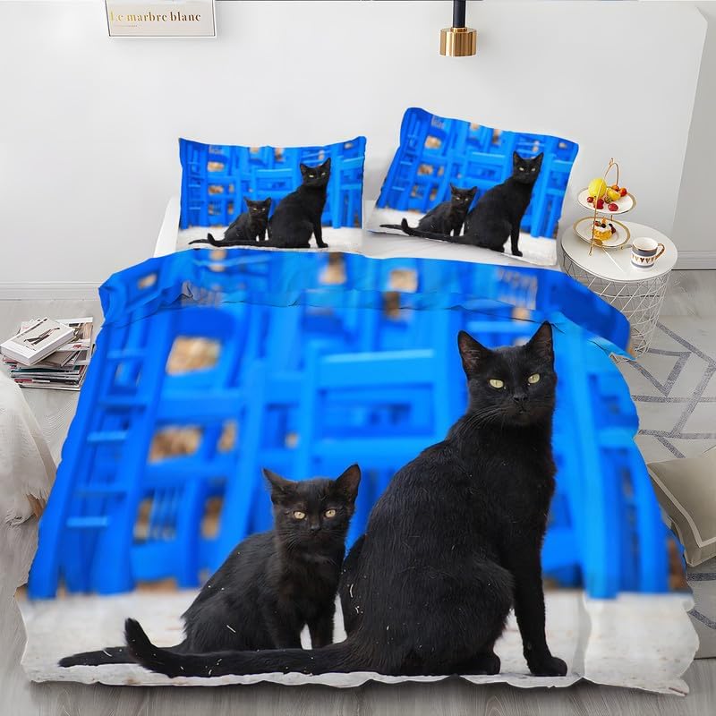 Blue Cat Duvet Cover Full Animal Print Bedding Sets Full Soft Microfiber Comforter Cover and 2 Pillow Shams 20″X26″, Bed Set Duvet Covers with